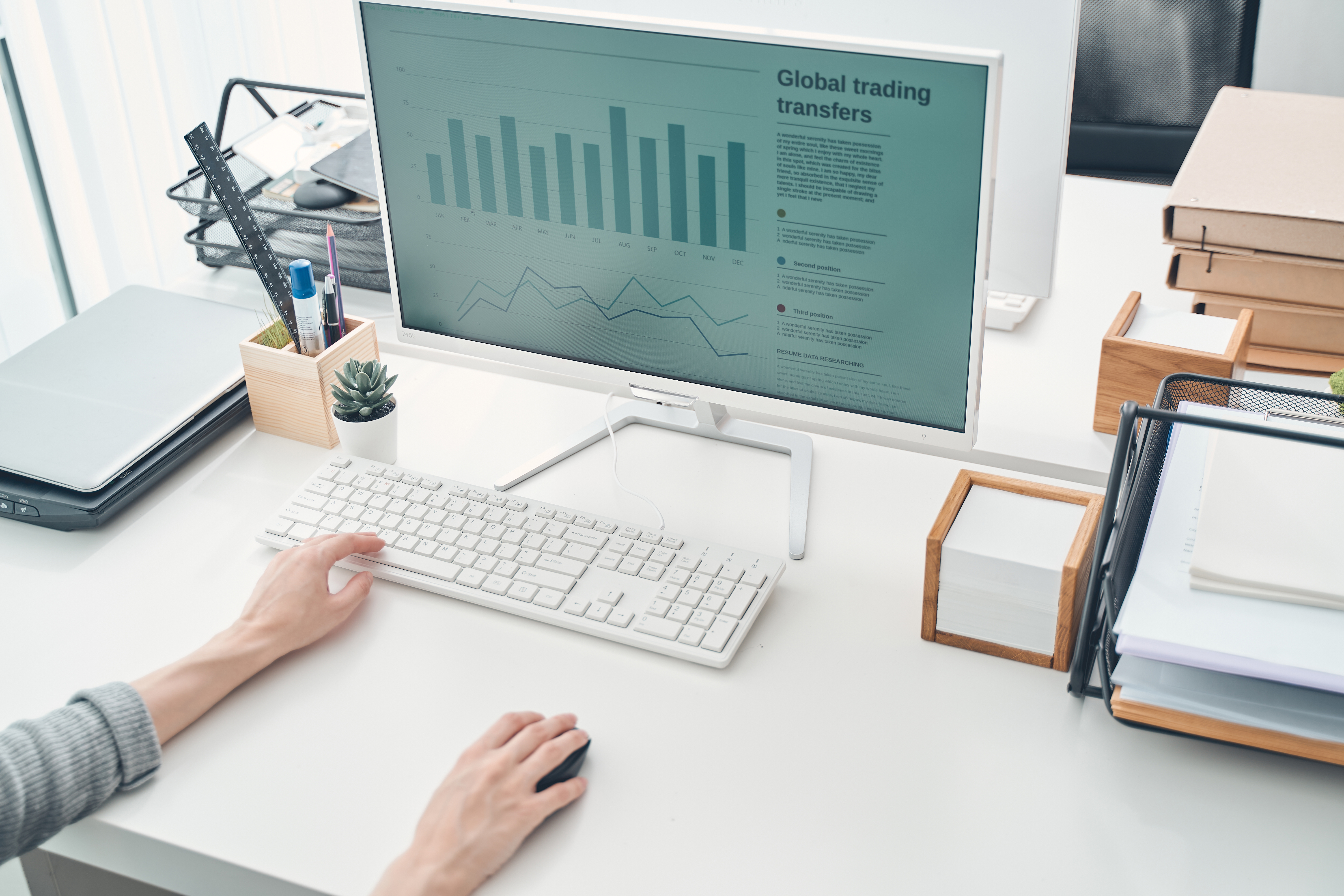 Young woman analyzing global trading transfers at work