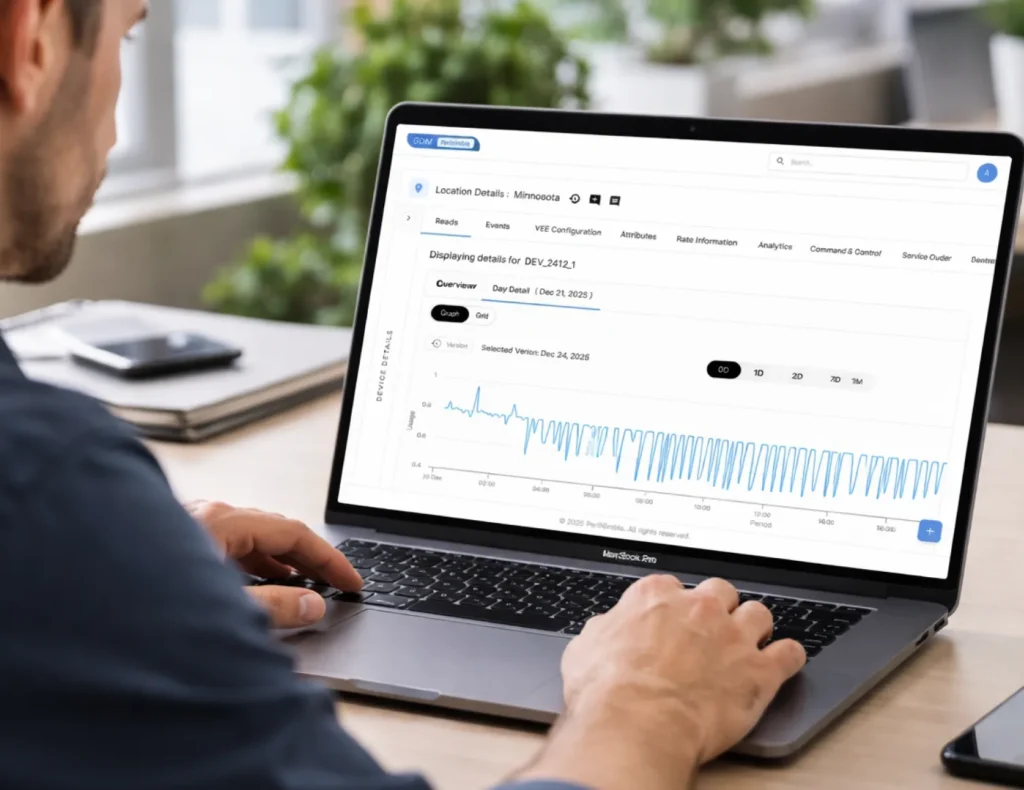 Grid Data Management Platform showing a meter’s interval data on a laptop